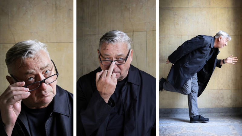 Drei Fotos von Andreas Vitásek mit humorvollen, teils sarkastischen Gesten.