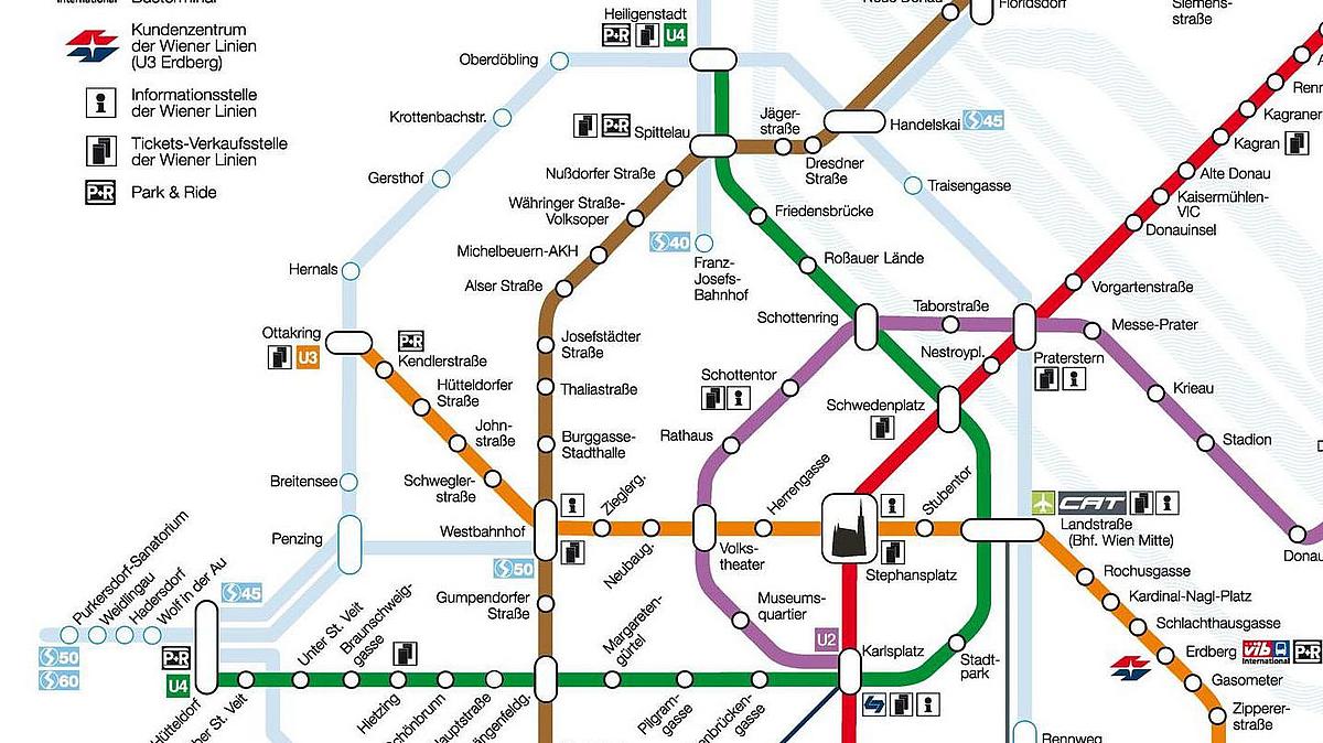 Netzplan der Wiener Linien mit den U-Bahnen U1, U2, U3, U4 und U6 und allen ihren Stationen und Umsteigemöglichkeiten. Auch die S-Bahnen sind teilweise eingezeichnet. Markierungen gibt es für Stationen, in denen sich eine besondere Einrichtung befindet, wie City Airport Train-Station, Station der Lokalbahn Wien Baden, Vienna International Busterminal, Kundenzentrum und Informationsstellen der Wiener Linien, Ticket- und Verkaufsstellen der Wiener Linien, sowie Park&Ride-Anlagen.