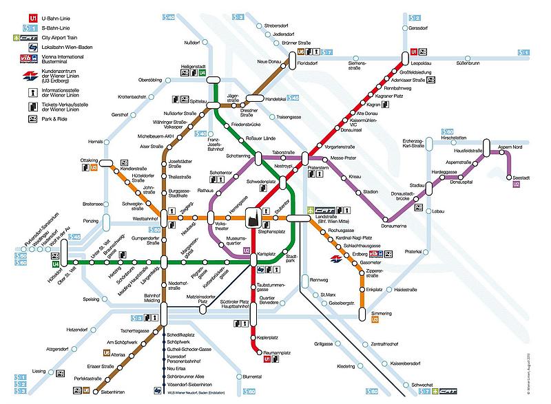 Netzplan der Wiener Linien mit den U-Bahnen U1, U2, U3, U4 und U6 und allen ihren Stationen und Umsteigemöglichkeiten. Auch die S-Bahnen sind teilweise eingezeichnet. Markierungen gibt es für Stationen, in denen sich eine besondere Einrichtung befindet, wie City Airport Train-Station, Station der Lokalbahn Wien Baden, Vienna International Busterminal, Kundenzentrum und Informationsstellen der Wiener Linien, Ticket- und Verkaufsstellen der Wiener Linien, sowie Park&Ride-Anlagen.