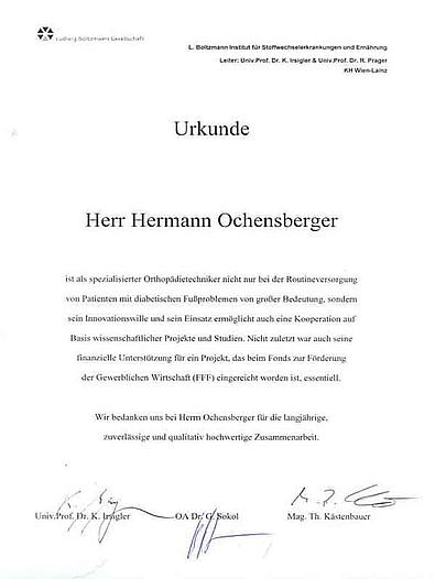 Urkunde an Hr. Hermann Ochensberger von TU Wien