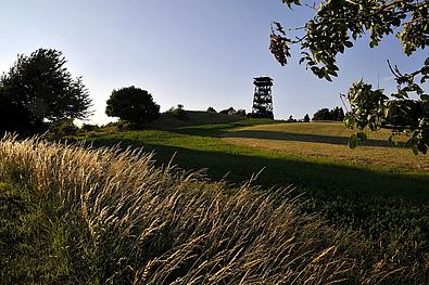 Landschaft mit Aussichtsturm im Hintergrund