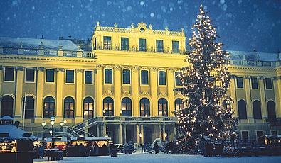 Ein gelbes Schloss, davor ein großer beleuchteter Weihnachtsbaum