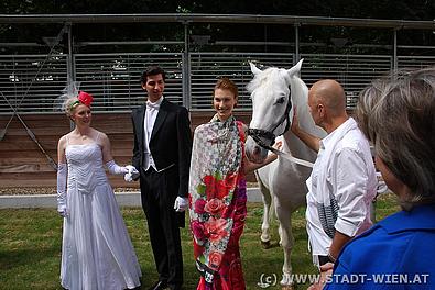 Menschen in Abendgarderobe lassen sich mit Lipizzaner fotografieren.