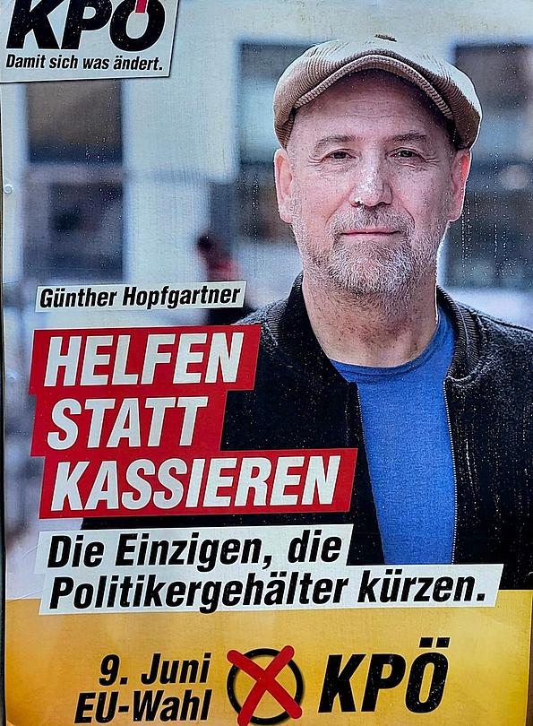 Wahlplakat der KPÖ mit Günther Hopfgartner