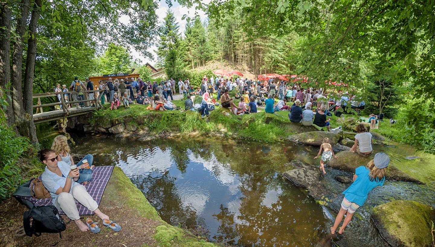 Grünes Waldstück mit einem kleinen See, bei dem einige Menschen sitzen.