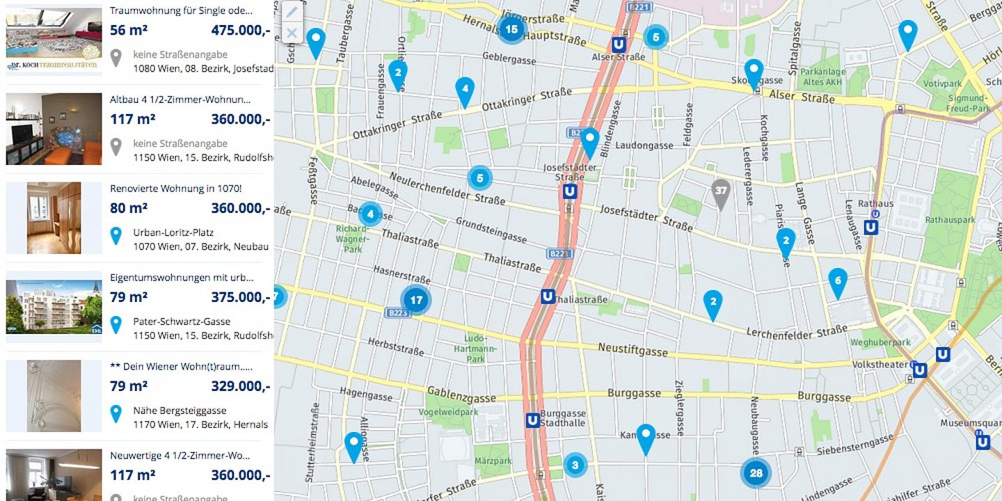 Detailsuche Immobilien und Anzeige Stadtkarte