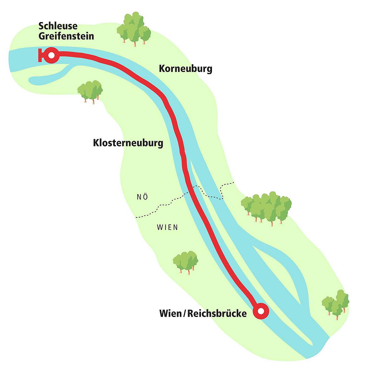 Streckenplan für die Silvesterkreuzfahrt der DDSG von Wien Handelskai bis Greifenstein