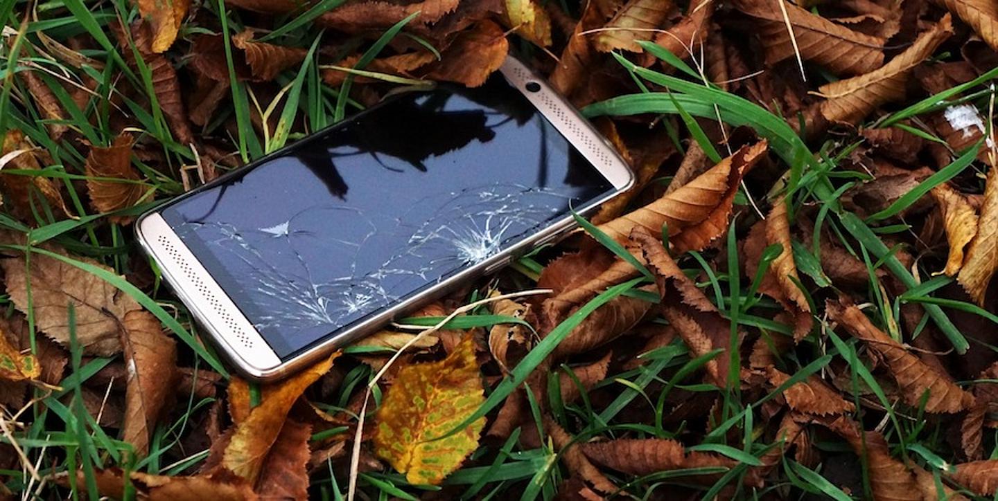 Handy, Smartphone, Bildschirm gebrochen, Wiese, Gras, Blätter, Herbst