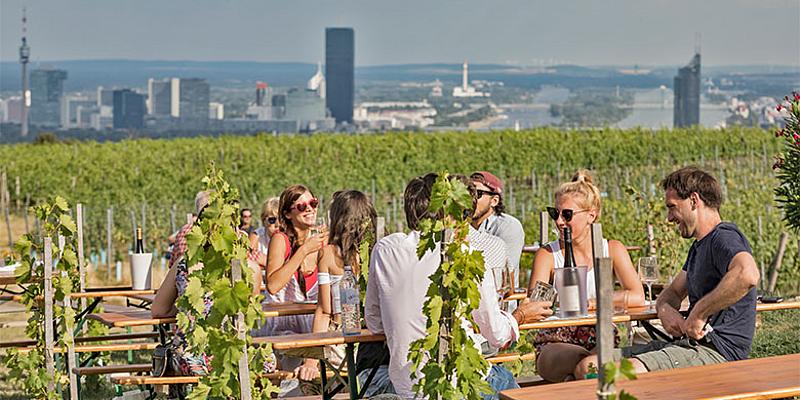 Menschen die in Wien beim Heurigen sitzen