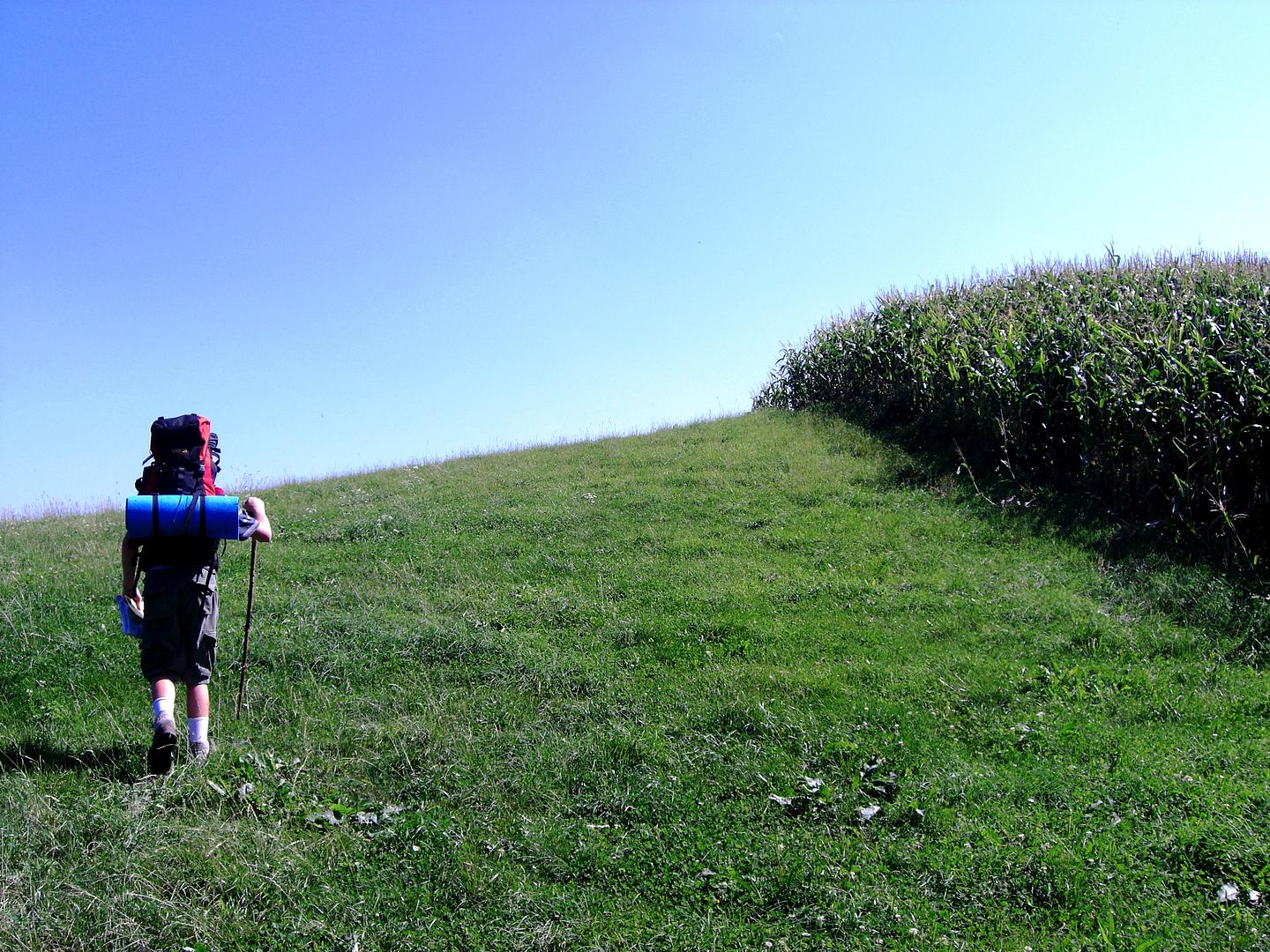 Ein Wanderer mit Rucksack auf einer Wiese