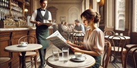 Frau sitzt in einem Wiener Kaffeehaus und liest Zeitung