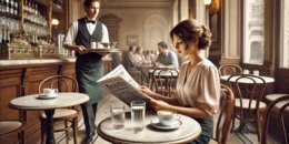 Frau sitzt in einem Wiener Kaffeehaus und liest Zeitung