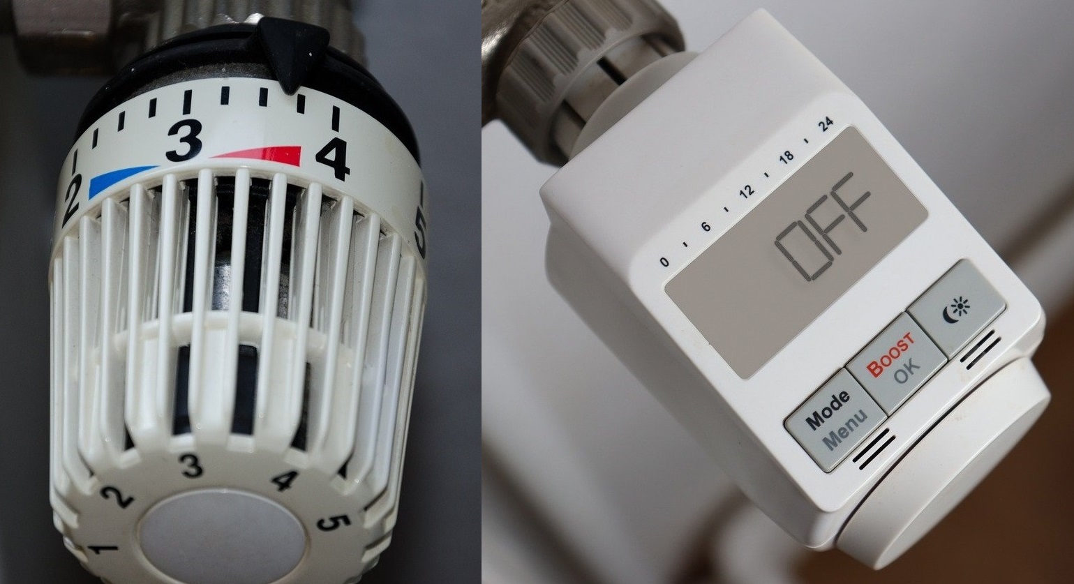 Eine Montage zweier Bilder zeigt links einen digitalen und rechts einen analogen Regler eines Heizungsthermostats.