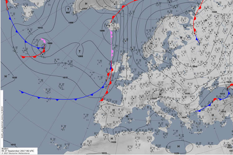 Grafik: Okklusion: Zusammenschluss von Warmfront und Kaltfront auf einer Bodenwetterkarte Europas