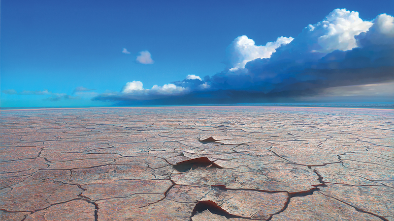 Gemälde einer Einöde mit tiefen Rissen im Boden; strahlend blauer Himmel mit Wolken