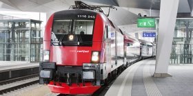 Das Bild zeigt einen ÖBB Railjet in der Station.