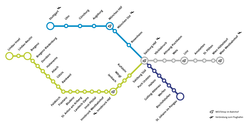 Streckennetz der Westbahn mit ihren einzelnen Stationen