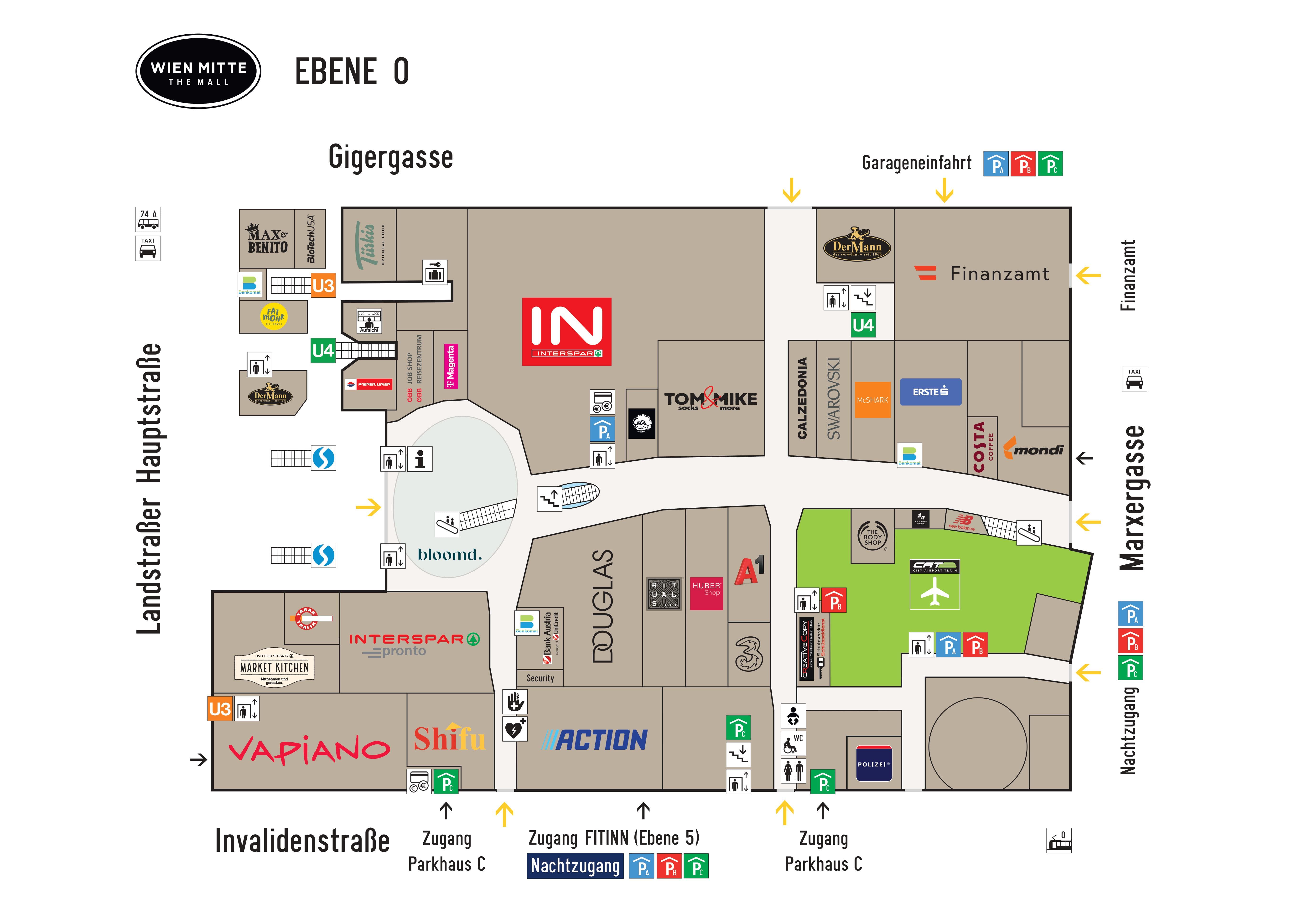 Lageplan der Shops in der Wien Mitte The Mall Ebene 0